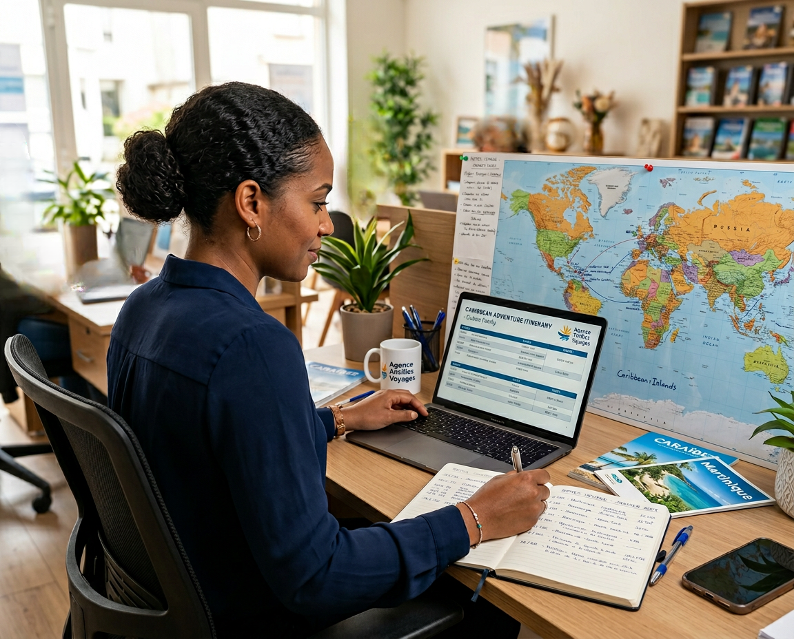 Conseillère en voyage en train de travailler sur un projet de voyage 