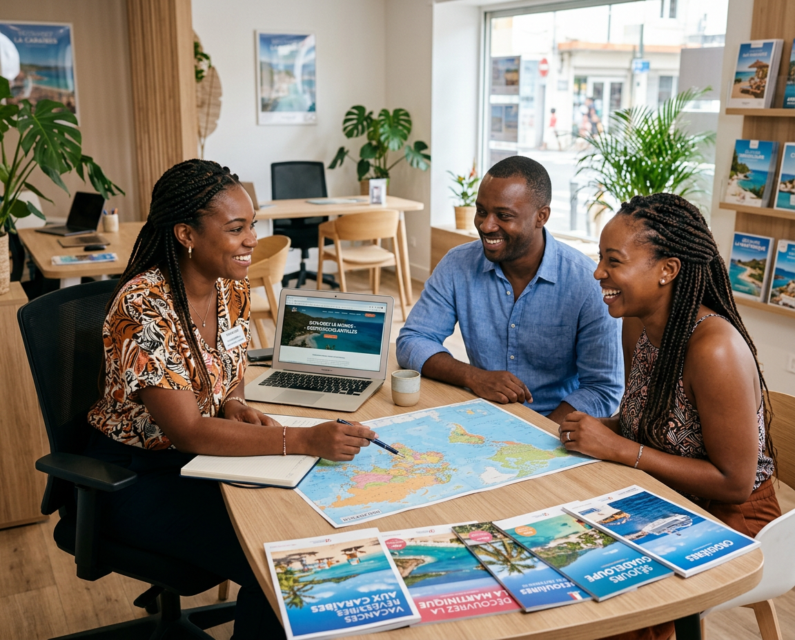 Conseiller de voyage en clientèle avec un couple dans une agence de voyage 